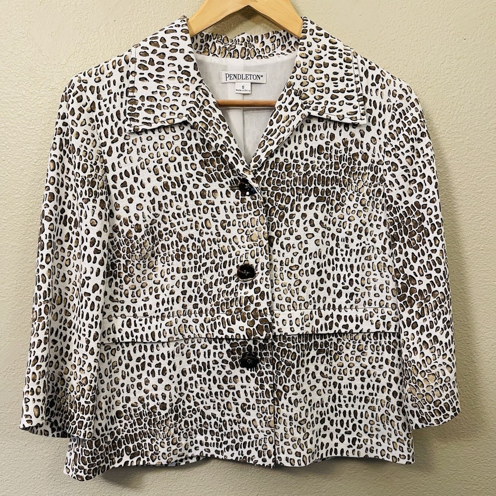 Pendleton Women's Linen Blend Summer Blazer Jacket Animal Print 3/4 Sleeves Sz S